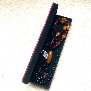 Vintage Beaded Long Agate Necklace with Natural Stones NWT IN BOX